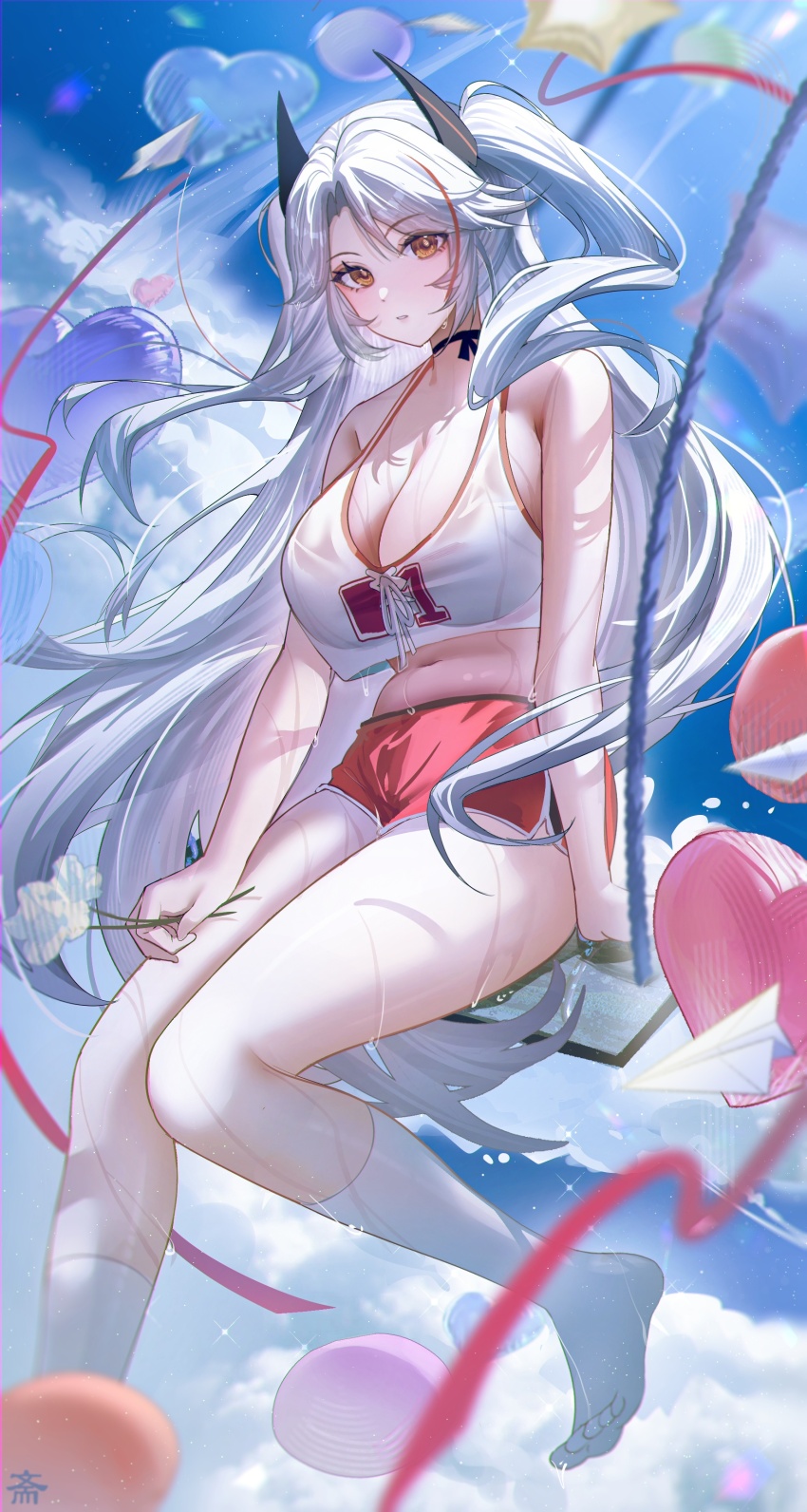 1girl absurdres azur_lane balloon bare_arms bare_shoulders blush breasts choker cleavage commentary_request flower heart_balloon highres holding holding_flower kneehighs large_breasts long_hair looking_at_viewer multicolored_hair navel official_alternate_costume orange_eyes outdoors paper_airplane prinz_eugen_(azur_lane) prinz_eugen_(brilliant_touchdown)_(azur_lane) red_hair red_shorts short_shorts shorts sleeveless socks solo streaked_hair sweat tansuan_(ensj3875) thighs wet wet_clothes white_hair white_socks
