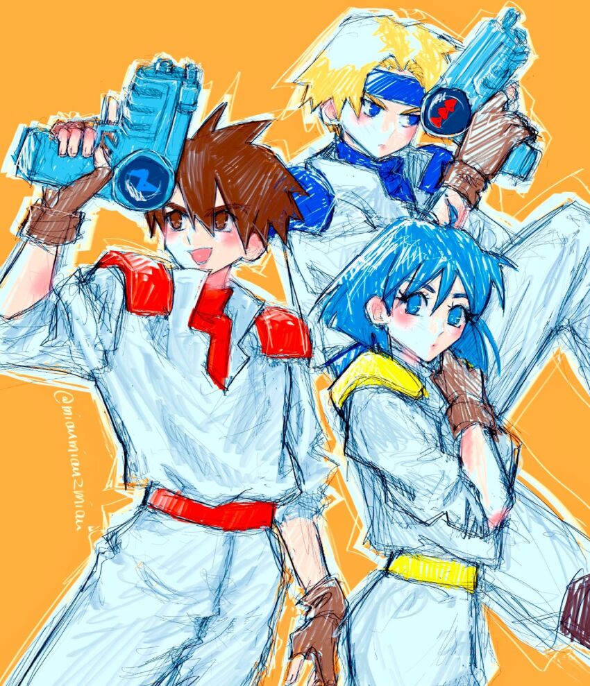 1girl 2boys belt blonde_hair blue_belt blue_eyes blue_hair blue_headband blue_trim brown_eyes brown_gloves brown_hair commentary double-parted_bangs fighting_stance fingerless_gloves gloves gun gunstar_blue gunstar_heroes gunstar_red hair_between_eyes headband highres holding holding_gun holding_weapon jumpsuit looking_to_the_side multiple_boys open_mouth orange_background outline parted_bangs poririna red_belt red_trim short_hair short_sleeves simple_background smile spiked_hair symbol-only_commentary twitter_username upper_body v-shaped_eyebrows weapon white_jumpsuit white_outline yellow_(gunstar_heroes) yellow_belt yellow_trim