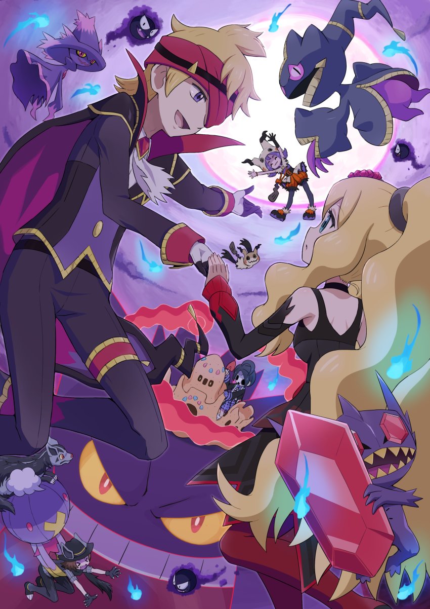 2girls 3boys :d absurdres acerola_(fall_2020)_(pokemon) acerola_(pokemon) allister_(pokemon) banette black_cape black_headwear caitlin_(fall_2021)_(pokemon) caitlin_(pokemon) cape carrying commentary_request drifblim gastly gem gen_1_pokemon gen_3_pokemon gen_4_pokemon gen_7_pokemon gengar gigantamax gigantamax_gengar gloves grey_shirt hat headband highres hilbert_(fall_2020)_(pokemon) hilbert_(pokemon) holding holding_gem holding_hands mega_banette mega_pokemon mega_sableye mismagius morty_(fall_2021)_(pokemon) morty_(pokemon) multiple_boys multiple_girls nintendo official_alternate_costume open_mouth palossand pants pokemoa pokemon pokemon_(creature) pokemon_masters_ex pokemon_swsh purple_eyes red_headband sableye shirt shoes short_sleeves smile tongue