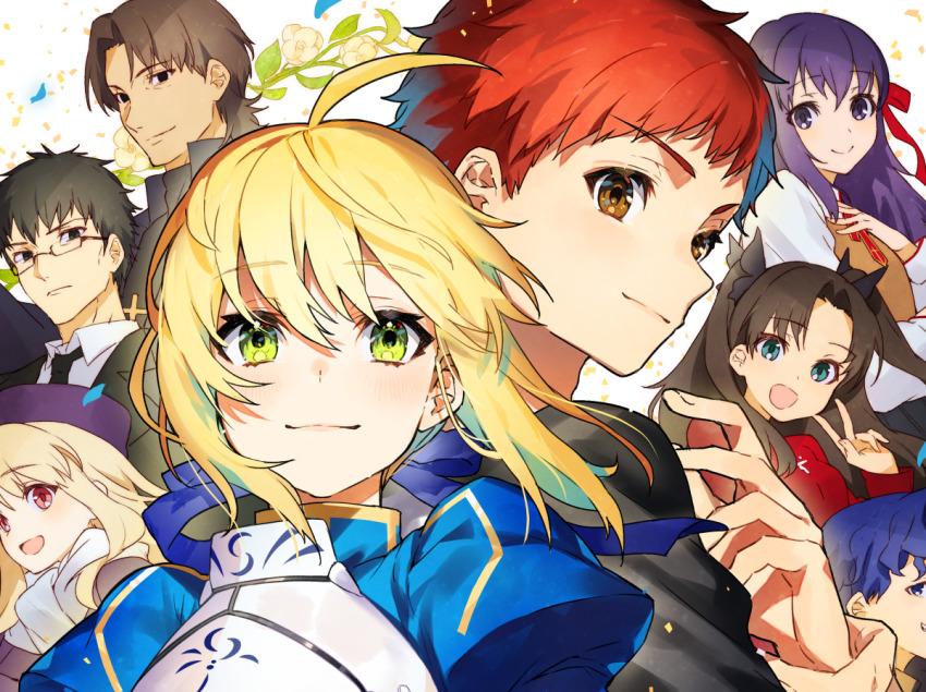 4boys 4girls :d ahoge armor artoria_pendragon_(fate) black_bow black_eyes black_hair black_jacket black_neckwear black_shirt blonde_hair blue_dress blue_eyes blue_hair blue_ribbon bow breastplate brown_eyes brown_hair brown_vest closed_mouth collared_shirt dress emiya_shirou fate/stay_night fate_(series) flower fur_hat glasses green_eyes hair_bow hair_ribbon hand_on_own_chest hand_up hat head_tilt illyasviel_von_einzbern jacket juliet_sleeves kotomine_kirei kuzuki_souichirou long_sleeves looking_at_viewer matou_sakura matou_shinji mika_pikazo multiple_boys multiple_girls necktie official_art open_mouth puffy_sleeves purple_eyes purple_hair red_eyes red_hair ribbon saber_(fate) scarf semi-rimless_eyewear shirt smile tohsaka_rin two_side_up under-rim_eyewear vest w white_flower white_scarf white_shirt wing_collar