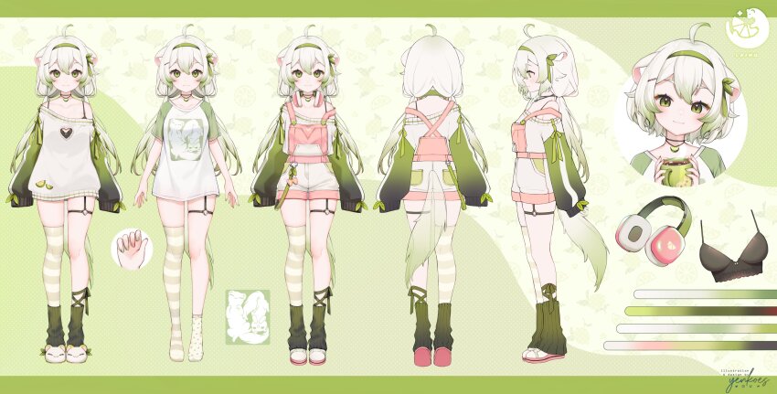 1girl absurdres ahoge alternate_costume alternate_hairstyle animal_ears asymmetrical_legwear black_bra black_choker bra reference_sheet choker cleavage_cutout clothing_cutout cup ferret_ears ferret_girl ferret_tail full_body gradient_hair green_eyes green_hair green_leg_warmers green_nails green_ribbon hair_ribbon headband headphones headphones_around_neck highres holding holding_cup laimu_(vtuber) laimu_(vtuber)_(cozy) leg_warmers long_hair low_twintails mug multicolored_hair multicolored_nails off-shoulder_sweater off_shoulder official_alternate_costume official_art overall_shorts overalls pink_nails ribbon shirt shoes short_hair sidelocks single_thighhigh slippers sneakers socks standing striped_clothes striped_thighhighs sweater thigh_strap thighhighs twintails two-tone_hair underwear vinesauce virtual_youtuber white_footwear white_hair white_shirt white_socks white_sweater yenkoes