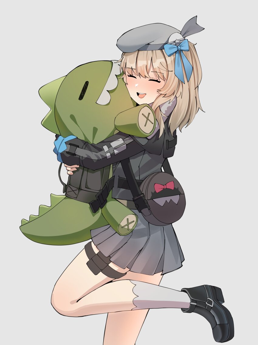 1girl absurdres bag beret black_boots black_jacket blonde_hair boots closed_eyes commentary gar32 girls&#039;_frontline girls&#039;_frontline_2:_exilium grey_background grey_hat grey_skirt hat highres hug jacket leg_up long_hair mr._pizza_(girls&#039;_frontline_2) open_mouth pleated_skirt shoulder_bag simple_background skirt smile socks stuffed_toy teeth upper_teeth_only vepley_(girls&#039;_frontline_2) white_socks