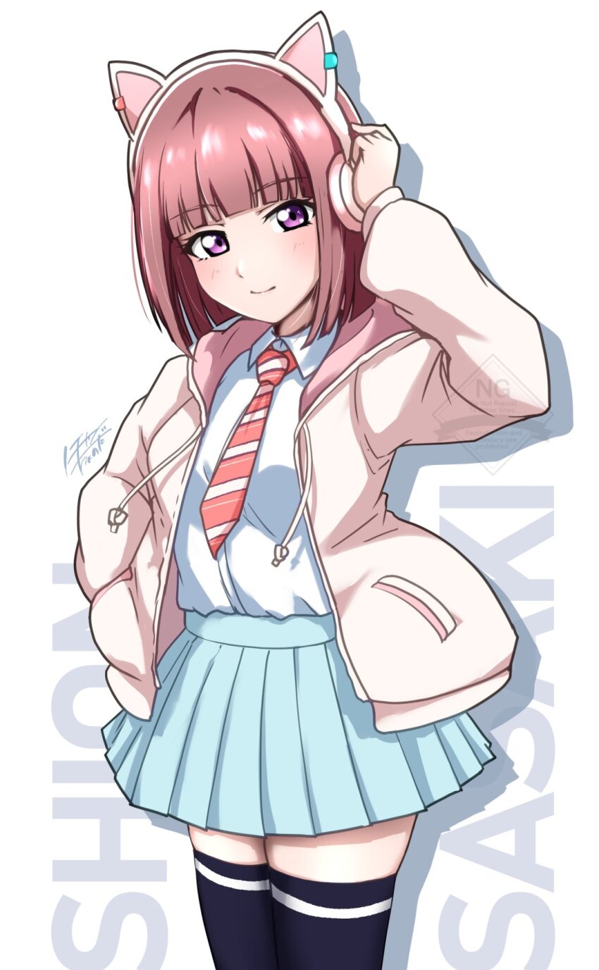 1girl adjusting_headphones animal_ear_headphones animal_ears black_thighhighs blue_skirt blunt_bangs blunt_ends blush bob_cut brown_hair cat_ear_headphones character_name closed_mouth collared_shirt commentary cowboy_shot diagonal-striped_clothes diagonal-striped_necktie dress_shirt drop_shadow fake_animal_ears hand_in_pocket headphones highres hood hooded_jacket ikizulive!_love_live!_bluebird jacket long_sleeves looking_at_viewer love_live! miniskirt necktie noochan_chonoda open_clothes open_jacket orange_necktie pleated_skirt purple_eyes sasaki_shion school_uniform shirt short_hair signature simple_background skirt smile solo standing striped_clothes thighhighs white_background white_jacket white_shirt zettai_ryouiki