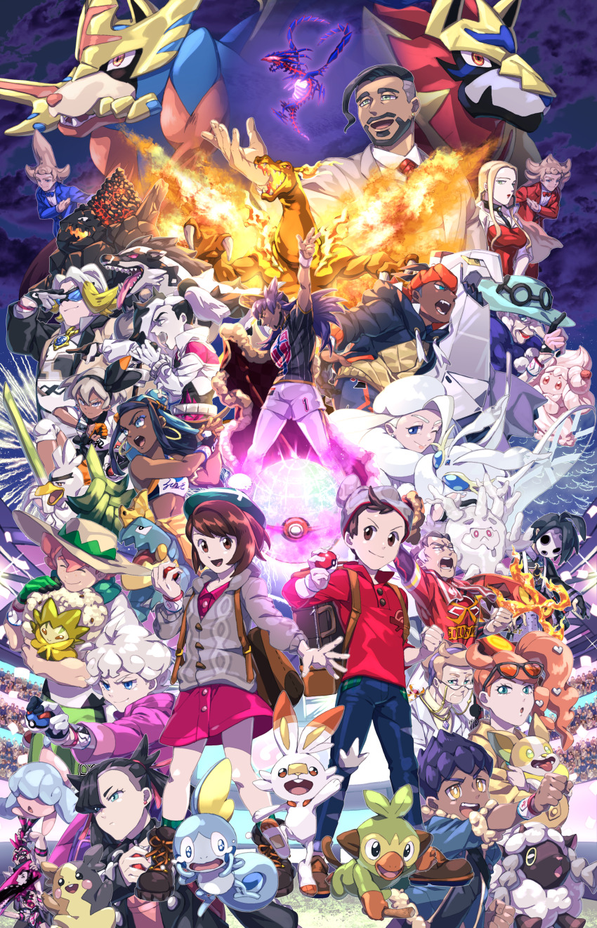 6+boys 6+girls :o absurdres ahoge alcremie allister_(pokemon) arm_up asymmetrical_bangs bad_id bad_pixiv_id bea_(pokemon) beanie bede_(pokemon) beige_headwear black_choker black_hair blonde_hair blouse blue_eyes blue_jacket boots brown_eyes brown_footwear buttons cardigan centiskorch charizard charizard_pose choker clenched_hand closed_eyes closed_mouth commentary_request crowd curly_hair cursola dark-skinned_female dark-skinned_male dark_skin drednaw dress duraludon dynamax_band earrings eldegoss eternatus everyone eyelashes eyewear_on_head facial_hair fire frosmoth game_freak gen_1_pokemon gen_8_pokemon gigantamax gigantamax_charizard glasses gloria_(pokemon) gloves gordie_(pokemon) great_ball green_eyes green_headwear green_legwear grey_cardigan grey_headwear grey_jacket grookey hair_ribbon hand_up hat highres holding holding_poke_ball holding_pokemon hop_(pokemon) huge_filesize jacket jewelry kabu_(pokemon) komame_(st_beans) lab_coat legendary_pokemon leon_(pokemon) lipstick long_sleeves magnolia_(pokemon) makeup marnie_(pokemon) mask melony_(pokemon) milo_(pokemon) morpeko morpeko_(full) multiple_boys multiple_girls necklace necktie nessa_(pokemon) nintendo obstagoon old old_woman oleana_(pokemon) opal_(pokemon) open_mouth orange_headwear piers_(pokemon) pink_dress pink_hair poke_ball poke_ball_(basic) pokemon pokemon_(creature) pokemon_swsh purple_hair red_jacket red_lips red_neckwear ribbon rose_(pokemon) scorbunny shielbert_(pokemon) shirt sidelocks silver_hair sirfetch&#039;d smile sobble socks sonia_(pokemon) sordward_(pokemon) starter_pokemon_trio sunglasses suspenders tam_o&#039;_shanter team_skull_grunt teeth tongue undercut victor_(pokemon) w white_shirt wooloo yamper yellow_eyes zacian zamazenta