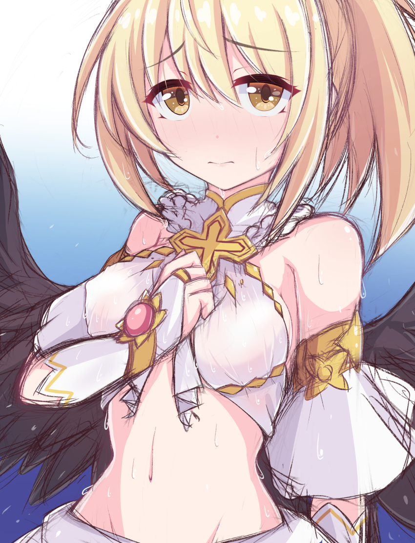 1girl absurdres bare_shoulders black_wings blonde_hair blue_background breasts clear_(princess_connect!) clenched_hand closed_mouth commentary_request cosplay cross dancer detached_sleeves embarrassed gradient_background halterneck high_ponytail highres kuroha_koudai light_blush long_hair long_sleeves looking_at_viewer medium_breasts navel ponytail princess_connect! revealing_clothes solo stomach upper_body wings yellow_eyes yui_(ceremonial)_(princess_connect!) yui_(princess_connect!) yui_(princess_connect!)_(cosplay)