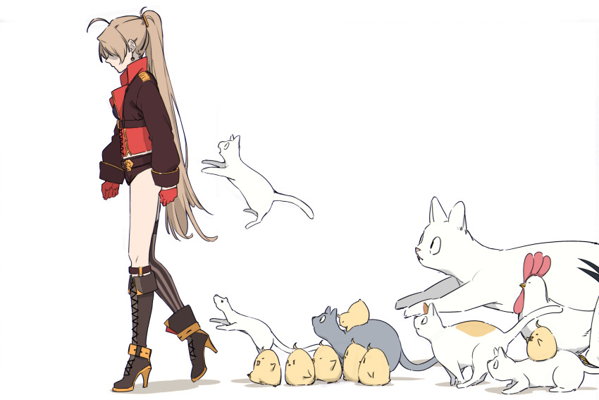 1girl ahoge animal asymmetrical_footwear asymmetrical_legwear azur_lane belt bird black_jacket black_shorts boots breasts brown_hair brown_shorts cat cropped_jacket from_side full_body gloves hatski.sin high_heel_boots high_heels highres jacket jean_bart_(azur_lane) knee_boots lace-up_boots long_hair long_sleeves manjuu_(azur_lane) ponytail red_gloves short_shorts shorts simple_background standing striped_clothes striped_thighhighs thighhighs vertical-striped_clothes vertical-striped_thighhighs very_long_hair walking white_background