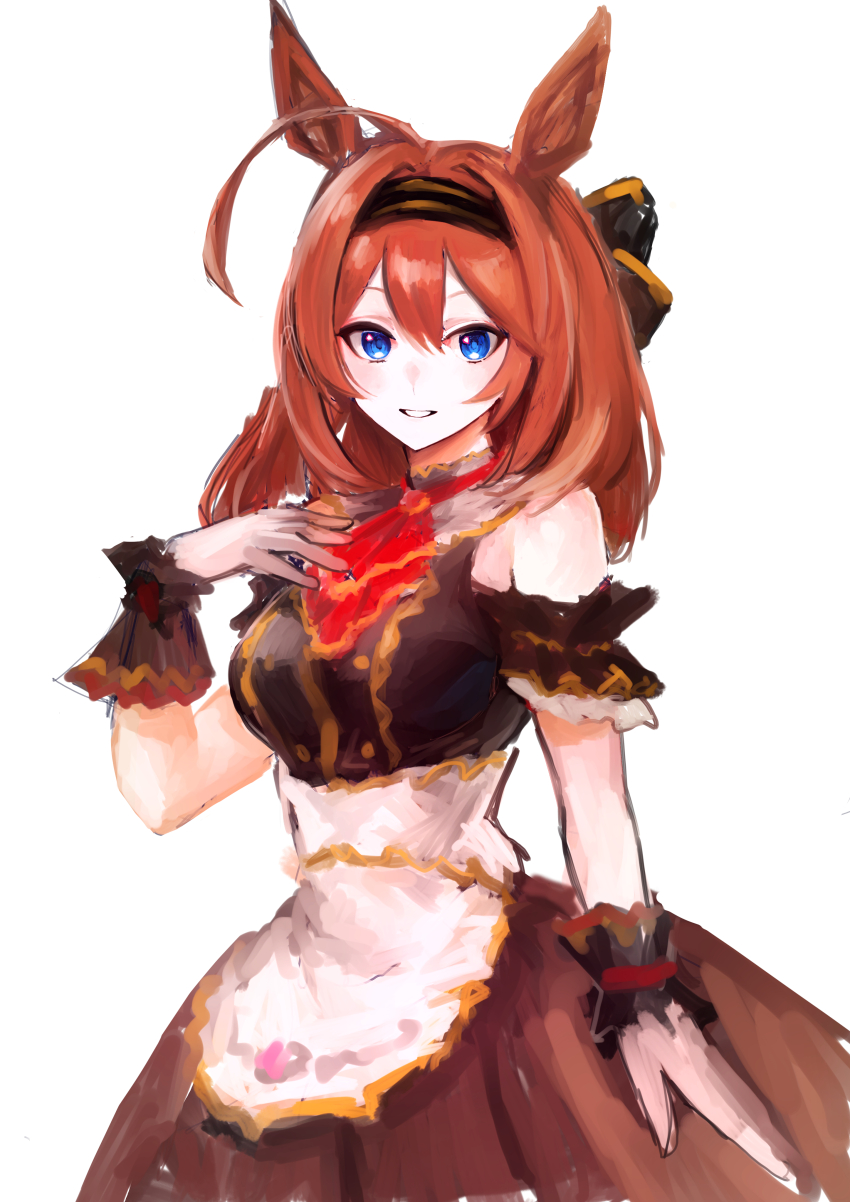 1girl absurdres ahoge animal_ears apron arm_garter armband ascot bare_shoulders blue_eyes breasts brooch brown_dress brown_hair brown_hairband buttons commentary_request cowboy_shot detached_collar double-breasted double-parted_bangs dress faux_traditional_media frilled_apron frilled_armband frills gem grin hair_between_eyes hairband hand_on_own_chest highres horse_ears impossible_clothes impossible_dress jewelry large_breasts long_hair looking_at_viewer mihono_bourbon_(code:glassage)_(umamusume) mihono_bourbon_(umamusume) official_alternate_costume okitsuma red_ascot red_brooch red_gemstone simple_background sleeveless sleeveless_dress smile solo umamusume underbust waist_apron white_background wrist_cuffs