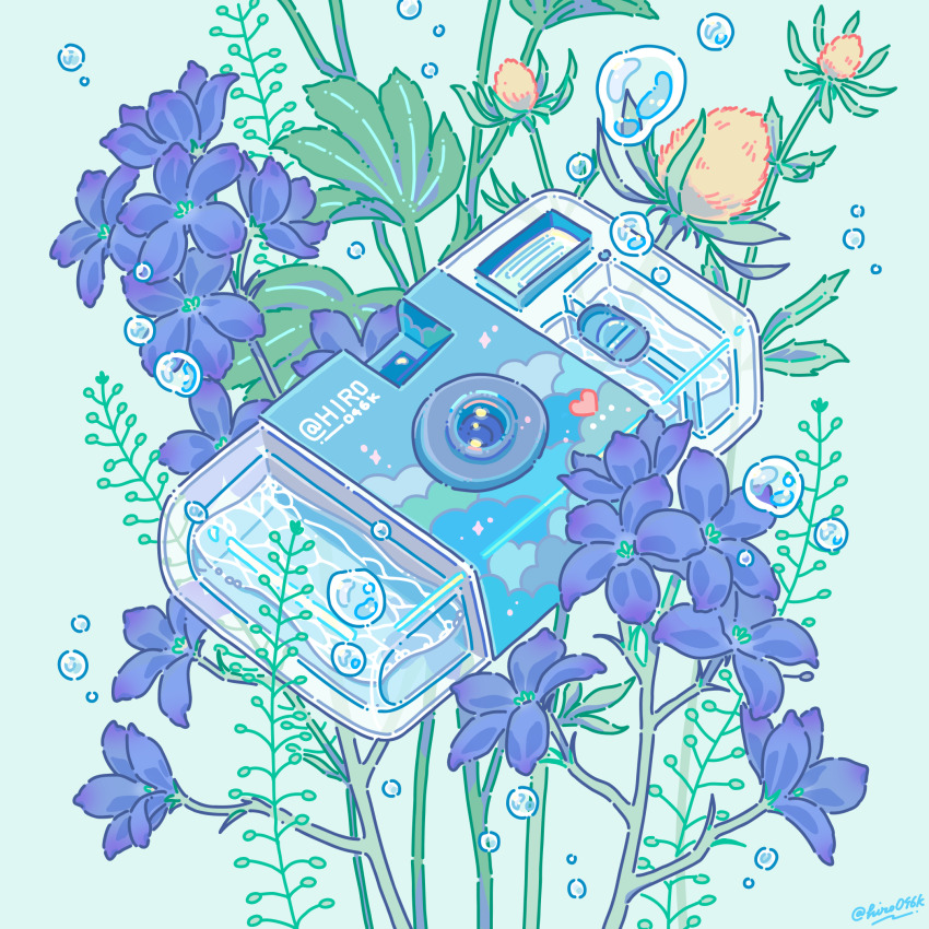 aqua_background blue_flower bubble bud camera commentary_request fern flower heart highres hiro046k no_humans object_focus original signature simple_background water