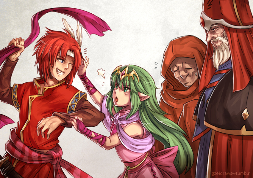 1girl 3boys bantu_(fire_emblem) fire_emblem fire_emblem:_mystery_of_the_emblem fire_emblem:_new_mystery_of_the_emblem fire_emblem:_shadow_dragon fire_emblem:_shadow_dragon_and_the_blade_of_light gato_(fire_emblem) green_hair grin gzei hair_down headband laughing multiple_boys nintendo pointy_ears red_hair smile tiara tiki_(fire_emblem) tiki_(young)_(fire_emblem) wizard xane_(fire_emblem)