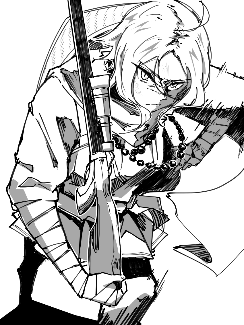 1girl absurdres ahoge bandaged_arm bandages bead_necklace beads commentary_request dirty dirty_face fate/grand_order fate_(series) fingernails glaring golden_kamuy greyscale gun hat highres japanese_clothes jewelry kimono light_frown looking_at_viewer medium_hair monochrome motion_blur motion_lines necklace rice_hat rifle scar scar_on_face scar_on_nose slit_pupils sniper_rifle solo sugitani_zenjubou_(fate) tomboy unworn_hat unworn_headwear weapon white_background zakio