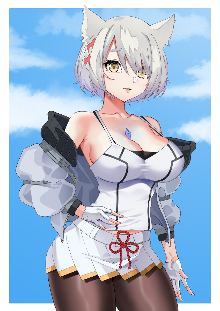 1girl absurdres animal_ears bare_shoulders black_pantyhose blue_background border breasts cat_ears cat_girl cleavage core_crystal_(xenoblade) covered_erect_nipples cowboy_shot fingerless_gloves gloves grey_jacket highres i_am_anddo jacket large_breasts mio_(xenoblade) off_shoulder open_clothes open_jacket pantyhose solo tank_top white_border white_gloves white_tank_top xenoblade_chronicles_(series) xenoblade_chronicles_3 yellow_eyes