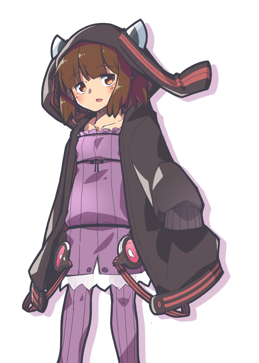 1girl absurdres animal_ears animal_hood belt black_hoodie blade blunt_bangs blush brown_hair collarbone commentary cosplay datemegane dress drop_shadow empire_waist fake_animal_ears feet_out_of_frame hand_up headgear highres hood hood_up hoodie long_sleeves looking_at_viewer off-shoulder_dress off_shoulder open_clothes open_hoodie open_mouth purple_dress purple_thighhighs rabbit_hood red_eyes ribbed_dress ribbed_thighhighs short_dress short_hair simple_background sleeves_past_fingers sleeves_past_wrists solo standing thighhighs touhoku_kiritan twintails voiceroid white_background yuzuki_yukari yuzuki_yukari_(cosplay)