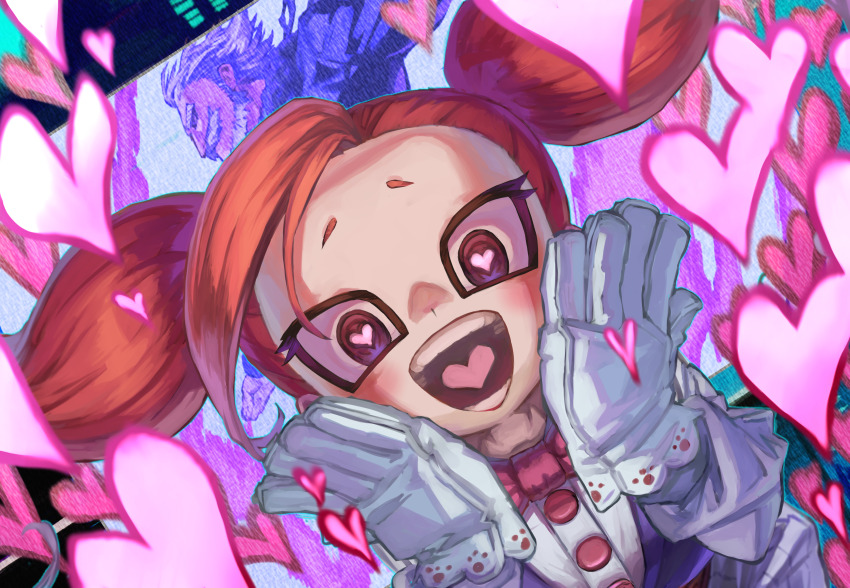 1boy 1girl :d absurdres boku_no_hero_academia bow bowtie gentle_criminal gloves heart heart-shaped_pupils highres la_brava long_hair looking_at_viewer open_mouth red_bow red_bowtie red_eyes red_hair smile symbol-shaped_pupils twintails white_gloves yomoyama_yotabanashi
