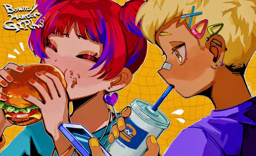 2girls bandaid bandaid_on_face bandaid_on_nose barbell_piercing blonde_hair blue_hair bracelet braid burger cellphone commentary_request cup disposable_cup drinking drinking_straw ear_piercing earrings food food_on_face hair_ornament hairclip highres holding holding_phone jewelry multicolored_hair multiple_girls natchan_blue_(nanairopenki) original phone piercing red_hair red_nails short_hair smartphone streaked_hair twin_braids two-tone_hair x_hair_ornament yellow_eyes yellow_nails