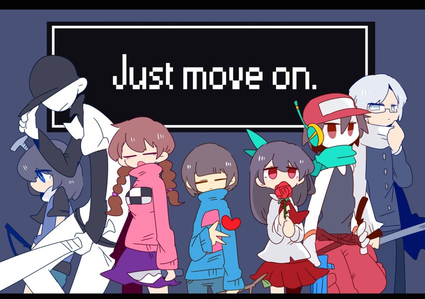 3boys 3girls androgynous ao_oni baseball_bat baseball_cap baseball_uniform black_hair blue_eyes braid brown_hair closed_eyes colored_skin crossover doukutsu_monogatari english_text flower frisk_(undertale) glasses grey_eyes hat heart highres hiroshi_(ao_oni) holding holding_baseball_bat ib_(ib) ib_(kouri) knife long_hair madotsuki moochasu multiple_boys multiple_crossover multiple_girls off_(game) op_na_yarou quote_(doukutsu_monogatari) red_eyes red_flower red_rose rose scarf school_uniform silver_hair skirt sportswear the_batter_(off) towelket_wo_mou_ichido twin_braids undertale white_skin yume_nikki