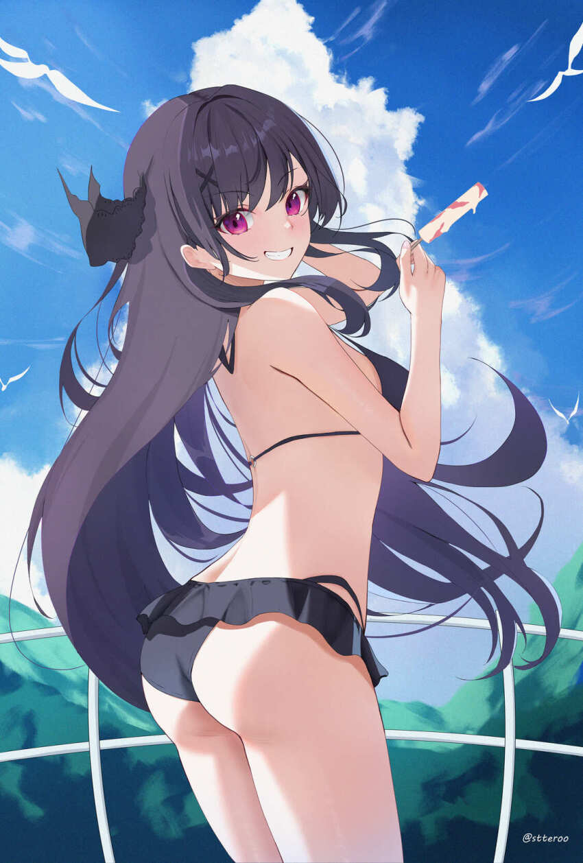 ao_no_kanata_no_four_rhythm bikini black_bikini black_hair black_ribbon breasts curvy eyes_visible_through_hair hair_ornament hair_ribbon highres large_breasts long_hair purple_eyes ribbon stteroo swimsuit tobisawa_misaki very_long_hair x_hair_ornament