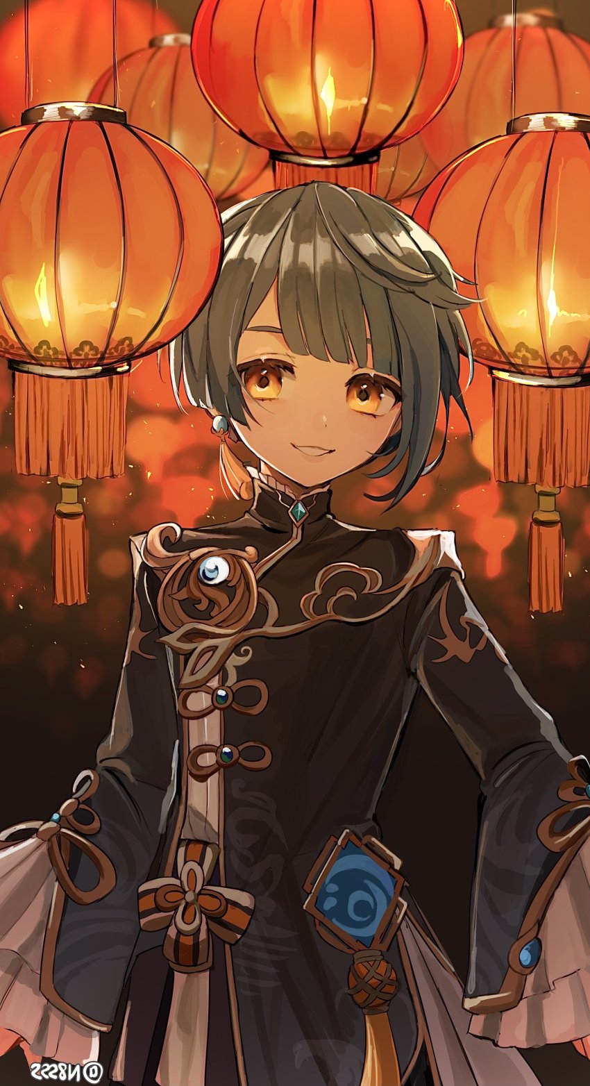 1boy absurdres asymmetrical_bangs blue_hair brooch chinese_clothes commentary_request earrings frilled_shirt_collar frilled_sleeves frills genshin_impact highres hoge_(n8sss) jewelry lantern long_coat long_sleeves looking_at_viewer male_focus open_mouth ribbon shirt short_hair single_earring smile solo tassel tassel_earrings vision_(genshin_impact) xingqiu_(genshin_impact) yellow_eyes