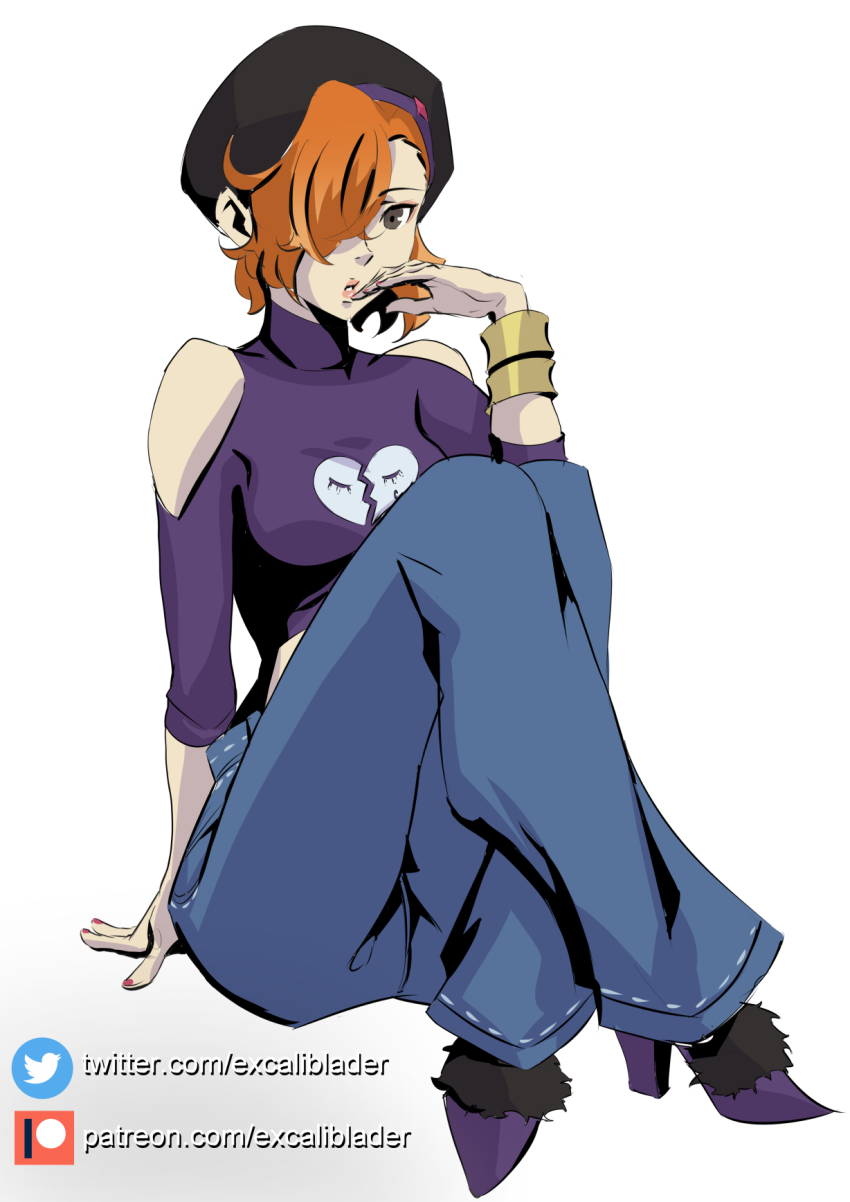 1girl beret broken_heart_print brown_eyes clothing_cutout denim hair_over_one_eye hat high_heels highres jeans kanon_(ntwewy) orange_hair pants purple_shirt purple_shoes ringlets shin_subarashiki_kono_sekai shirt shoes shoulder_cutout sitting subarashiki_kono_sekai