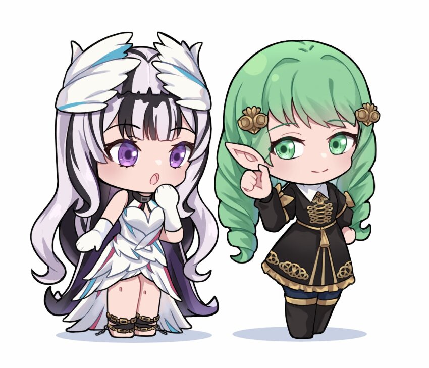 2girls black_choker black_dress black_hair bow choker commentary commission dress dress_bow drill_hair english_commentary fire_emblem fire_emblem:_three_houses fire_emblem_engage flayn_(fire_emblem) garreg_mach_monastery_uniform gold_bow green_eyes green_hair grey_hair hair_ornament hairclip highres long_hair multicolored_hair multiple_girls nintendo pointy_ears purple_eyes second-party_source twin_drills two-tone_hair very_long_hair veyle_(fire_emblem) wavy_hair wing_hair_ornament witchi