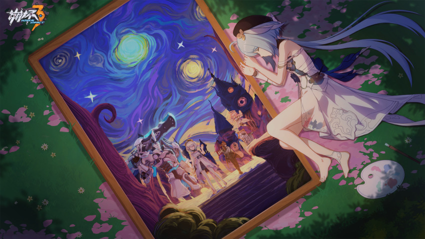 2boys 2girls animal armor bare_legs barefoot blue_hair blue_sky can_(honkai_impact) cat closed_mouth dress elf_elysia faceless faceless_female fetal_position floating full_body grass green_hair griseo griseo_(starry_impression) halo helmet highres holding holding_sword holding_weapon honkai_(series) honkai_impact_3rd kosma long_hair mr.knight_(honkai_impact) multiple_boys multiple_girls no_eyes no_mouth official_art official_wallpaper on_grass painting_(object) petals pink_hair sky sleeping standing sword vincent_van_gogh_(style) weapon white_armor white_dress