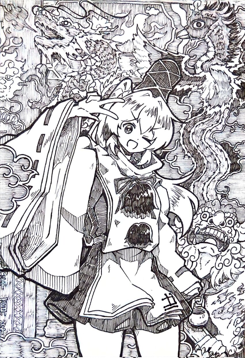 1girl ;d bird commentary_request dragon greyscale gurajio hat highres japanese_clothes kariginu long_sleeves looking_at_viewer monochrome mononobe_no_futo one_eye_closed open_mouth pom_pom_(clothes) ponytail ribbon-trimmed_sleeves ribbon_trim skirt smile solo tate_eboshi touhou v-shaped_eyebrows wide_sleeves