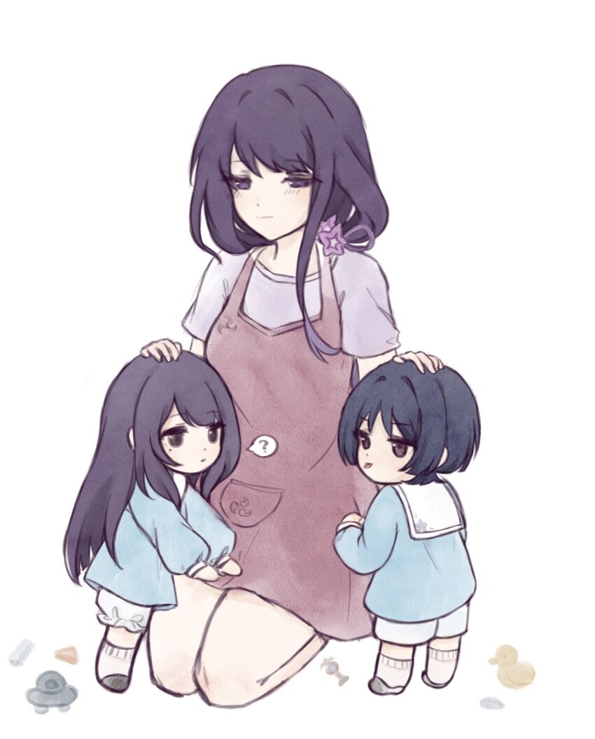 1boy 2girls aged_down alternate_costume alternate_universe apron apron_grab black_eyes black_hair bloomers blue_shirt blue_sleeves blunt_ends blush brother_and_sister casual closed_mouth clothes_grab contemporary eyelashes family genshin_impact gnosis_(genshin_impact) half-closed_eyes headpat highres kneeling lillii_nya long_hair long_sleeves looking_down mitsudomoe_(shape) mole mole_under_eye mother_and_daughter mother_and_son multiple_girls open_mouth pink_apron purple_eyes purple_hair purple_shirt purple_sleeves raiden_shogun rubber_duck sailor_collar scaramouche_(genshin_impact) seiza shirt short_sleeves shorts siblings sidelocks single_sidelock sitting socks standing swept_bangs tomoe_(symbol) tongue tongue_out toy ufo underwear white_bloomers white_sailor_collar white_shorts white_socks wispy_bangs