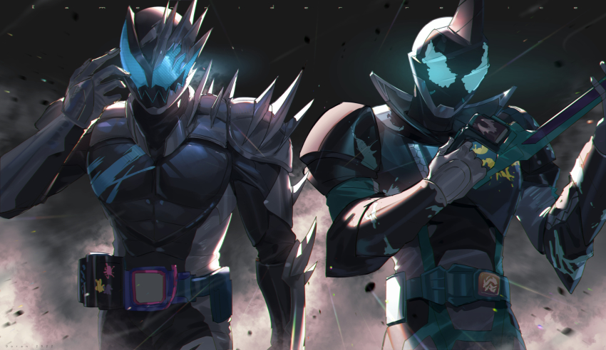2boys armor bat_(animal) bat_genome black_armor dark_foreground doran_(doran7280) evilblade gloves grey_sky highres horns kamen_rider kamen_rider_evil kamen_rider_jack_revice kamen_rider_revi kamen_rider_revice male_focus moon multiple_boys nature night night_sky open_hand paint_splatter possessed rain revice_driver rider_belt rolling_vistamp signature silver_footwear silver_gloves single_horn sky splatter splatter_print standing sword tokusatsu two_sidriver villain_pose weapon