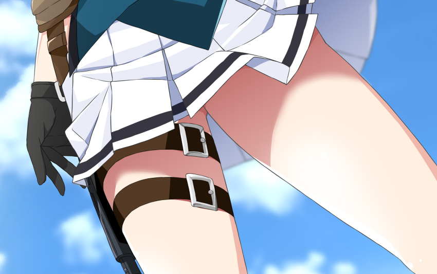 1girl belt belt_buckle black_gloves blue_sky blurry blurry_background brown_belt buckle close-up cloud commentary_request day depth_of_field from_below gloves gluteal_fold grisaia_(series) grisaia_phantom_trigger ikoma_murasaki lower_body outdoors pleated_skirt porurin skirt sky solo thigh_belt thigh_strap thighs upskirt white_skirt