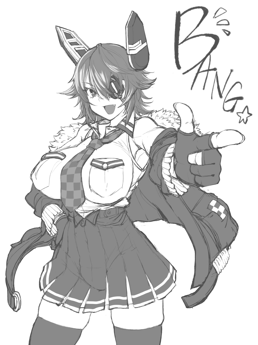 1girl armpits bang_(gesture) bare_shoulders breast_pocket breasts checkered_clothes checkered_necktie checkered_neckwear collared_shirt eyepatch fang finger_gun gloves greyscale hair_between_eyes hand_on_own_hip headgear highres huge_breasts impossible_clothes impossible_shirt jacket kantai_collection long_sleeves medium_hair miniskirt monochrome necktie nuebiimu one_eye_covered open_clothes open_jacket open_mouth outstretched_arm partially_fingerless_gloves pleated_skirt pocket pointing shirt sketch skirt sleeveless sleeveless_shirt smile solo tenryuu_(kancolle) thighhighs wing_collar zettai_ryouiki