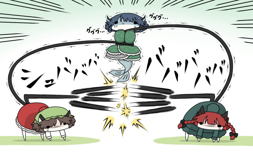 3girls all_fours anger_vein animal_ears bad_id bad_pixiv_id blue_hair braid brown_hair cat_ears cat_tail catfight chen commentary_request dress fins green_dress hanging hat head_fins japanese_clothes kaenbyou_rin kimono kurokoori mermaid mob_cap monster_girl multiple_girls multiple_tails nekomata obi red_dress red_hair sash shaded_face tail tail_whip touhou trembling twin_braids wakasagihime