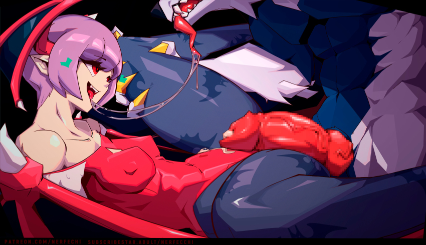 1boy 1girl after_kiss animal_penis animal_print bat_wings bestiality blue_pantyhose breasts claws covered_erect_nipples cum cum_on_body darkstalkers demon_girl diamond_cutout dog_penis fangs halloween head_wings hetero highres interspecies jon_talbain knotted_penis large_penis leotard lilith_(darkstalkers) looking_at_another nerfechi open_mouth pantyhose penis precum print_pantyhose purple_hair purple_pantyhose red_eyes red_leotard saliva saliva_trail short_hair small_breasts tongue tongue_out vampire werewolf wings