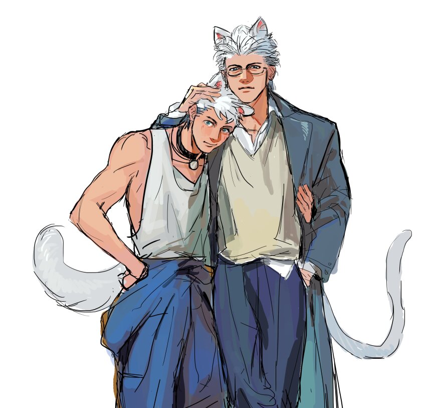 2boys absurdres animal_ears arksia arm_around_waist bell black_collar blue_coat blue_eyes blue_pants cat_ears cat_tail closed_mouth coat collar collarbone devil_may_cry_(series) devil_may_cry_5 father_and_son glasses hand_in_pocket hand_on_another&#039;s_head hand_on_own_hip highres kemonomimi_mode long_sleeves male_focus multiple_boys neck_bell nero_(devil_may_cry) pants semi-rimless_eyewear short_hair simple_background single_bare_shoulder smile tail tank_top vergil_(devil_may_cry) white_background white_hair white_tank_top