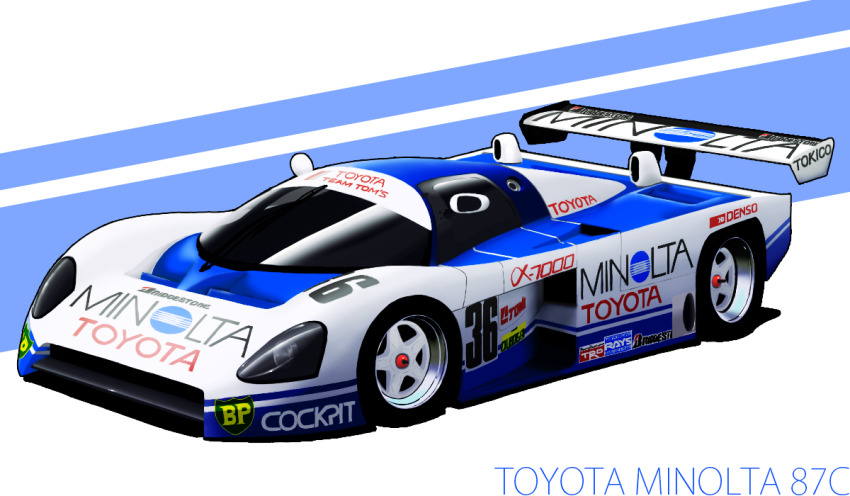 blue_background bridgestone car commentary_request company_name le_mans_prototype logo motor_vehicle no_humans original perspective race_vehicle racecar silenxe spoiler_(automobile) sponsor tom&#039;s_racing toyota toyota_87c two-tone_background vehicle_focus vehicle_name white_background world_sportscar_championship