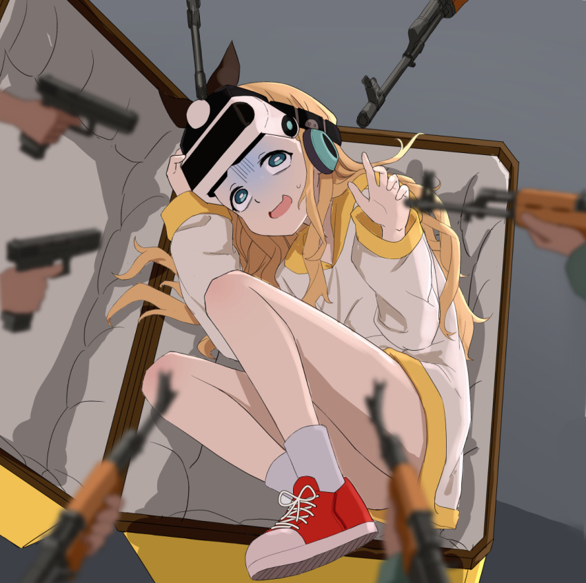 0_0 1girl 6+others akm assault_rifle at_gunpoint black_ribbon blonde_hair blue_eyes bow_hairband box full_body glock gun hair_ornament hairband handgun head-mounted_display headphones hood hoodie in_box in_container kalashnikov_rifle kurumi_(lycoris_recoil) long_hair long_hoodie lycoris_recoil multiple_others nicn0m red_footwear ribbon rifle scared socks thighs turn_pale weapon white_hoodie white_socks wide-eyed yellow_hood