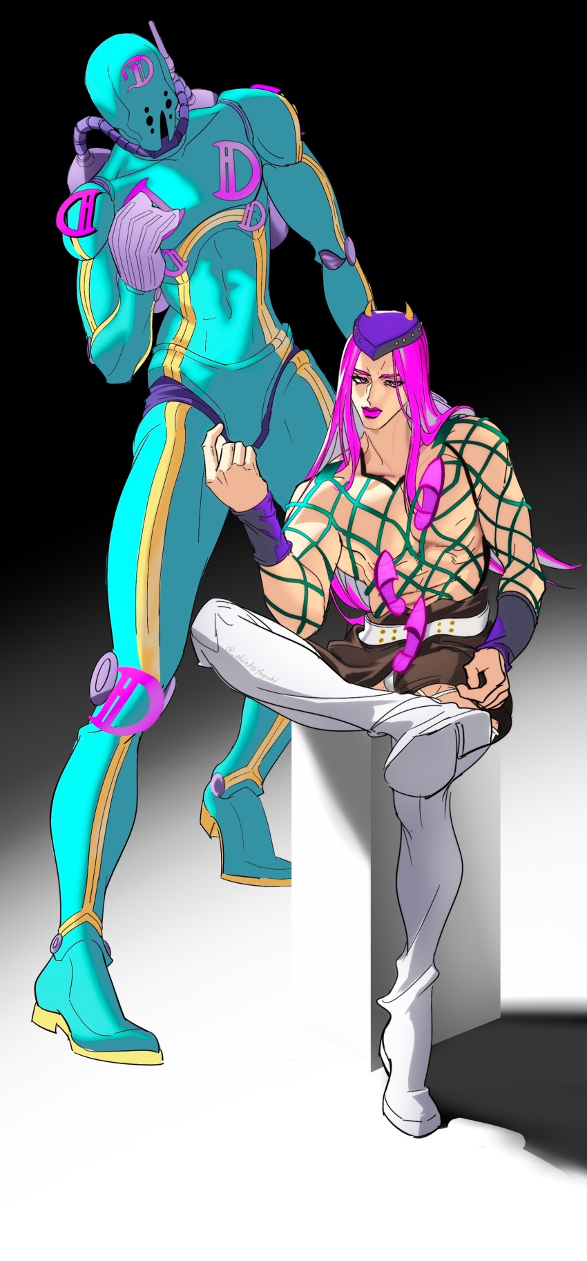 1boy 1other absurdres black_skirt boots commentary crossed_legs diver_down_(stand) fishnet_top fishnets hat highres horned_hat jojo_no_kimyou_na_bouken lipstick long_hair makeup male_focus miniskirt narciso_anasui pink_eyes pink_hair pink_lips purple_hat shinkaifuyuki sitting skirt stand_(jojo) stone_ocean thigh_boots white_footwear wristband