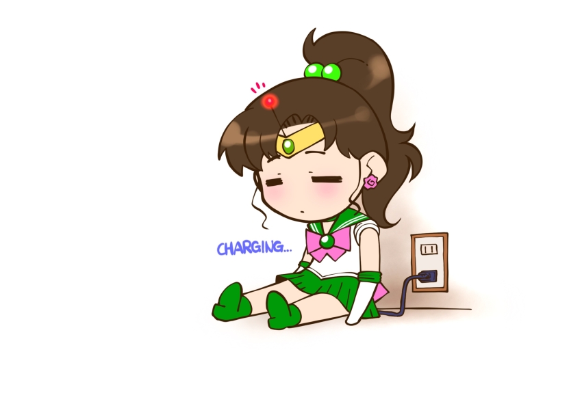 1girl bishoujo_senshi_sailor_moon boots bow brown_hair chibi chibi_only choker circlet closed_eyes closed_mouth earrings elbow_gloves electric_plug electrical_outlet flower_earrings full_body gloves green_boots green_choker green_skirt hair_bobbles hair_ornament high_heel_boots high_heels highres himehachi_(hime8manga) jewelry kino_makoto long_hair magical_girl miniskirt no_nose pink_bow pleated_skirt ponytail recharging sailor_jupiter sailor_senshi_uniform shirt sitting skirt sleeveless sleeveless_shirt solo white_gloves white_shirt