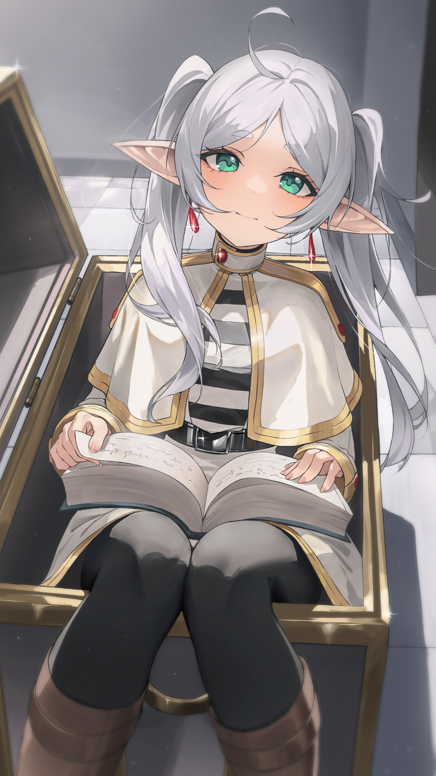 1girl absurdres ahoge belt black_belt black_pantyhose blush book capelet chest_(furniture) diffraction_spikes dot_nose earrings elf floating_earrings frieren gold_trim green_eyes hair_intakes highres indoors jewelry kerno long_sleeves looking_at_viewer pantyhose parted_bangs pointy_ears shirt sidelocks sitting smile solo sousou_no_frieren striped_clothes striped_shirt tile_floor tiles turtleneck twintails two_side_up white_capelet white_hair