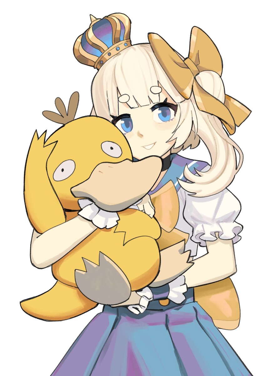 1boy 1girl absurdres blue_eyes crossover crown dress fridge_(fridgedraws) gen_1_pokemon hair_ribbon highres holding indie_virtual_youtuber marimari_(vtuber) nintendo pokemon psyduck ribbon size_difference smile virtual_youtuber white_hair