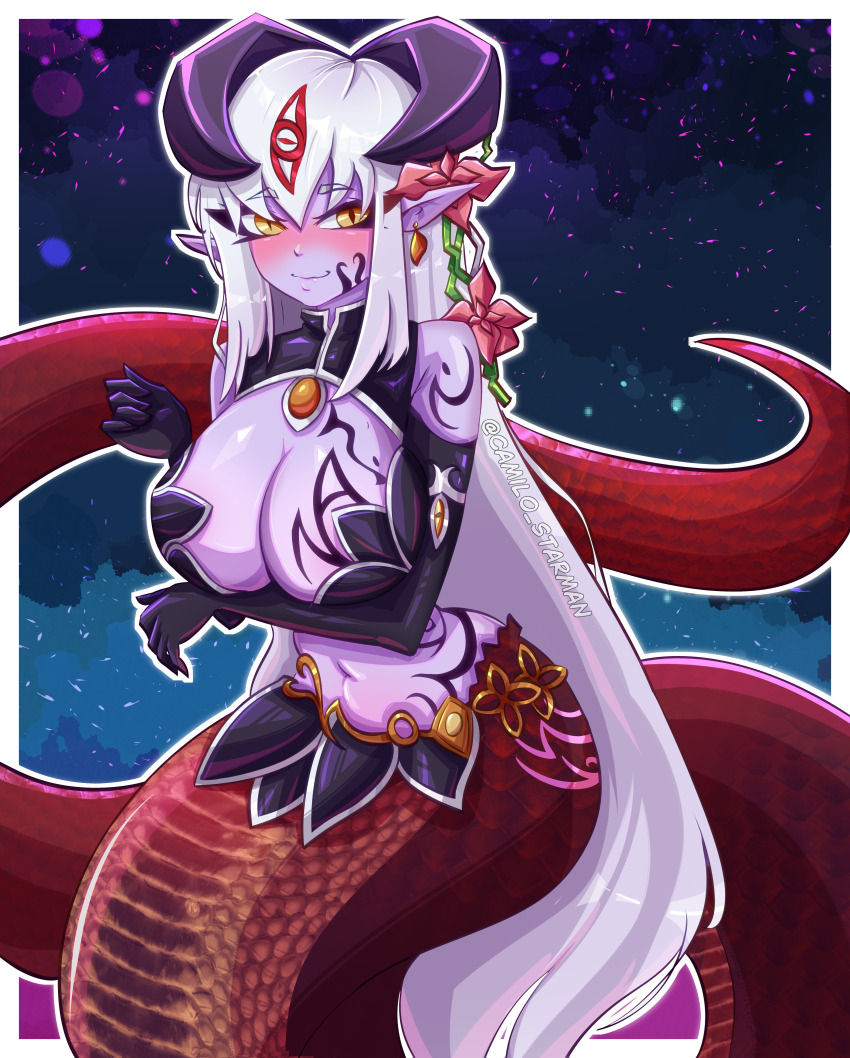 1girl absurdres alipheese_fateburn_xvi arm_under_breasts armored_skirt black_gloves blush breast_tattoo breasts camilo_starman colored_skin elbow_gloves eye_tattoo facial_tattoo flower gloves hair_flower hair_ornament hair_tattoo highres lamia large_breasts long_hair looking_at_viewer mon-musu_quest! monster_girl pointy_ears purple_skin solo tattoo very_long_hair white_hair yellow_eyes