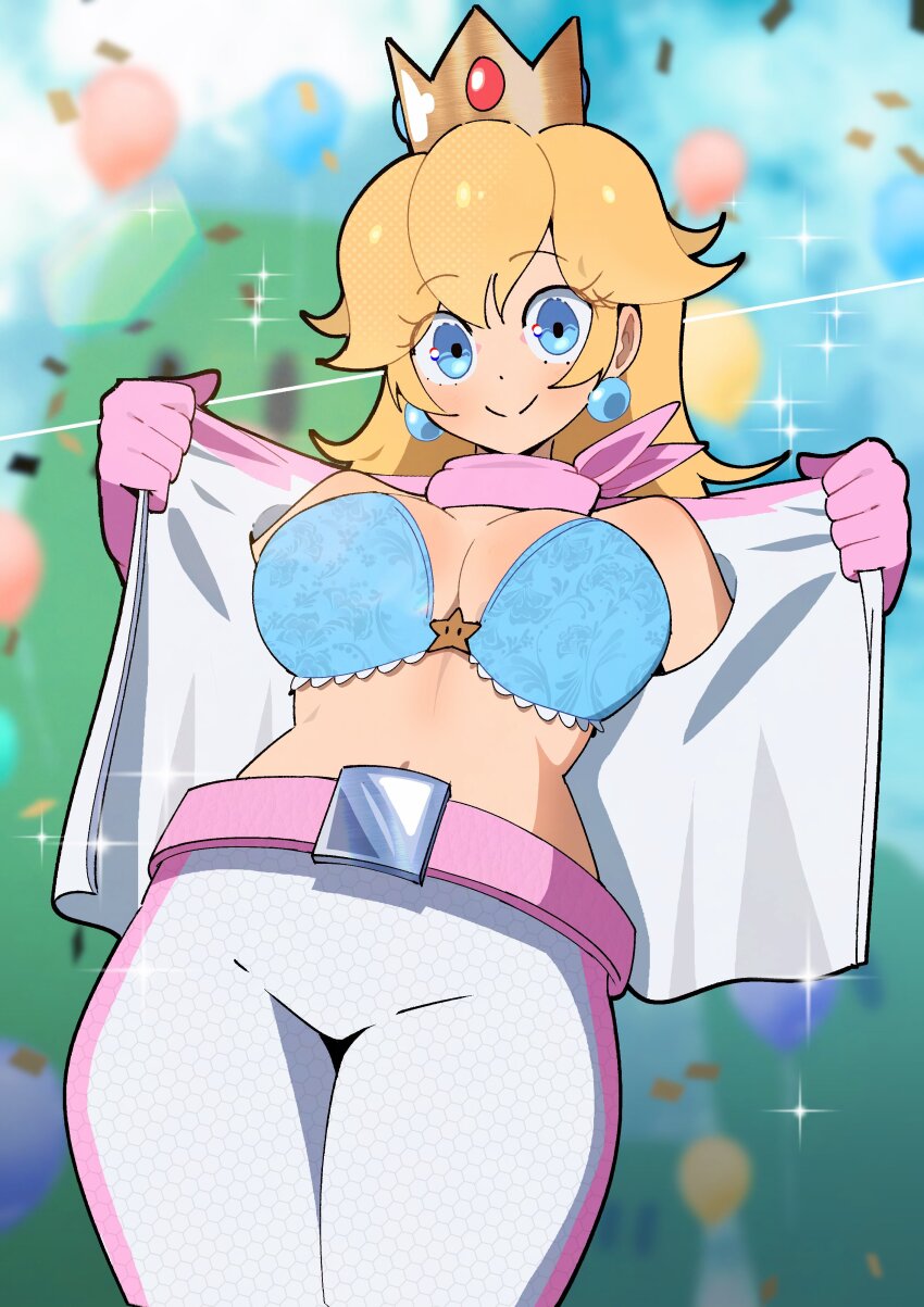 1girl absurdres bandana belt biker_clothes biker_peach bikesuit blonde_hair blue_bra blue_eyes bodysuit bra breasts cleavage commentary crown earrings english_commentary flashing gjh gloves highres jewelry large_breasts looking_at_viewer mario_(series) mario_kart mario_kart_world nintendo open_bodysuit open_clothes opened_by_self pink_bandana pink_gloves princess_peach pulling_own_clothes smile solo sphere_earrings swimsuit underwear