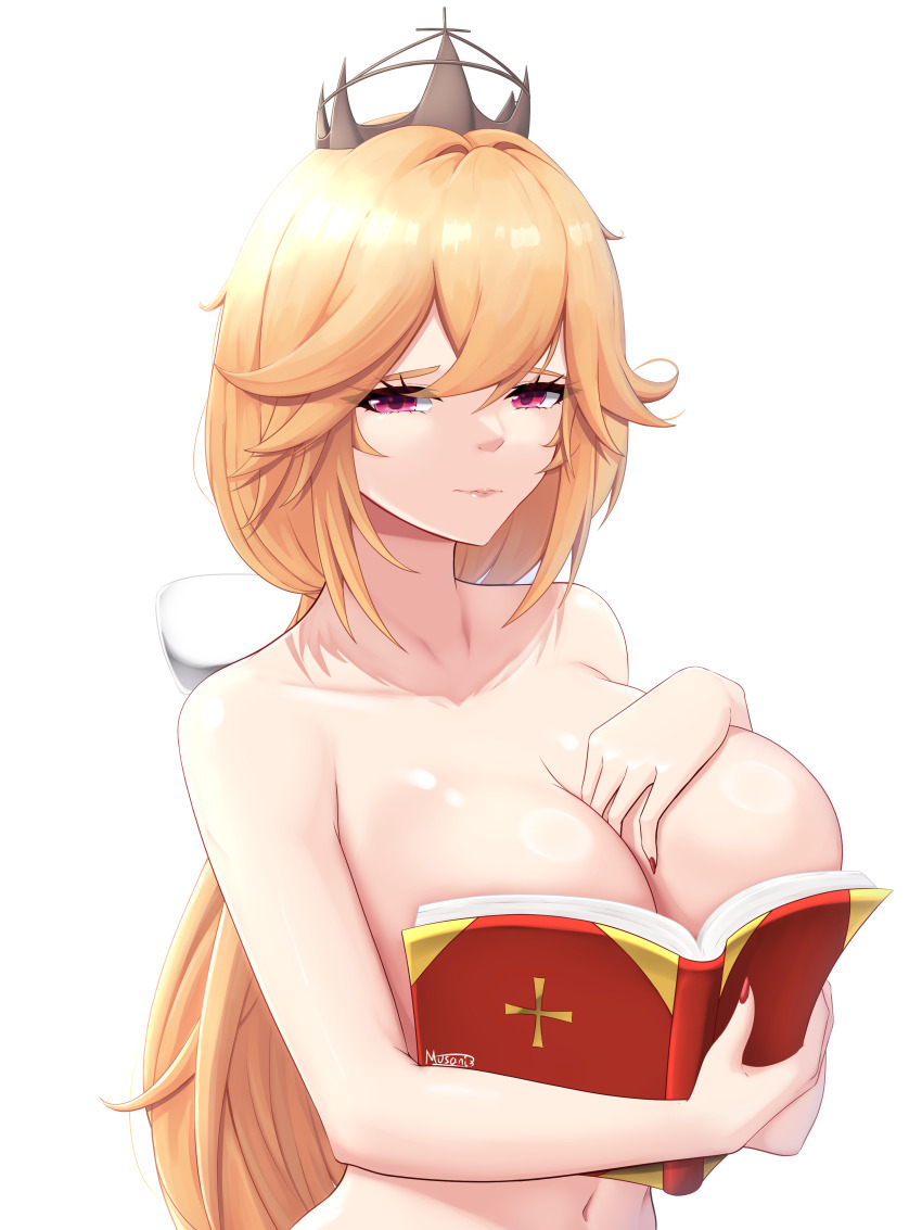1girl absurdres artist_name azur_lane bare_shoulders boobs_in_book_(meme) book breasts cleavage collarbone commentary crown english_commentary highres looking_at_viewer meme musanix nude open_book orange_hair purple_eyes richelieu_(azur_lane) solo upper_body