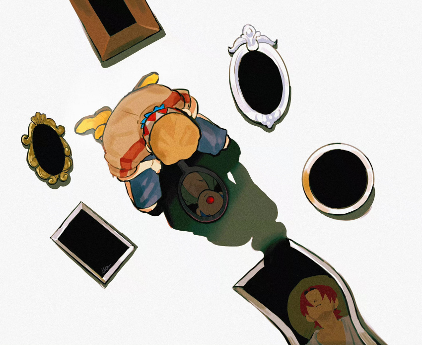 2boys absurdres brown_hat buggy_the_clown closed_mouth clown_nose hat highres kneeling long_sleeves looking_at_mirror male_focus mirror multiple_boys navel one_piece red_eyes red_hair reflection shadow shanks_(one_piece) shoes simple_background vamos_mk white_background yellow_shoes