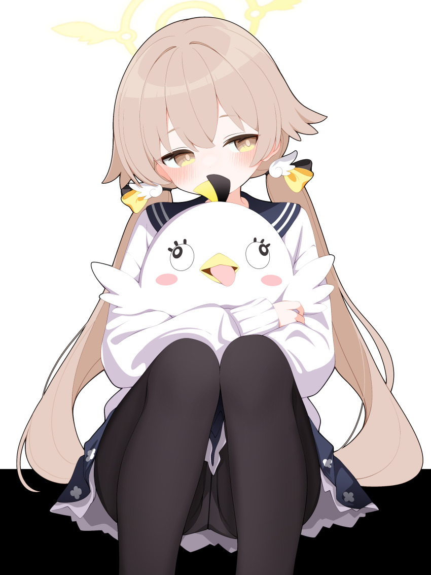 1girl absurdres acalephea black_pantyhose black_ribbon blue_archive blush brown_hair cardigan commentary_request crotch_seam hair_between_eyes hair_ornament hair_ribbon halo hifumi_(blue_archive) highres holding holding_stuffed_toy hugging_object long_hair long_sleeves low_twintails panties panties_under_pantyhose pantyhose peroro_(blue_archive) revision ribbon sailor_collar school_uniform simple_background sitting skirt solo stuffed_animal stuffed_bird stuffed_toy twintails underwear white_cardigan wing_hair_ornament winged_halo yellow_eyes yellow_halo yellow_ribbon