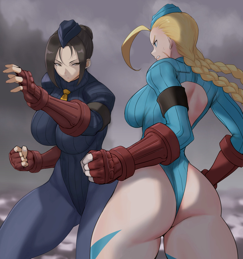 2girls absurdres ahoge anagumasan angry ass black_hair blonde_hair braid breasts cammy_white capcom curvy fighting_stance highleg highleg_leotard highres huge_ass juli_(street_fighter) large_breasts leotard long_hair looking_at_another multiple_girls revealing_clothes scar shiny_skin sideboob street_fighter street_fighter_zero_(series) thick_thighs thighs thong_leotard turtleneck twin_braids wide_hips
