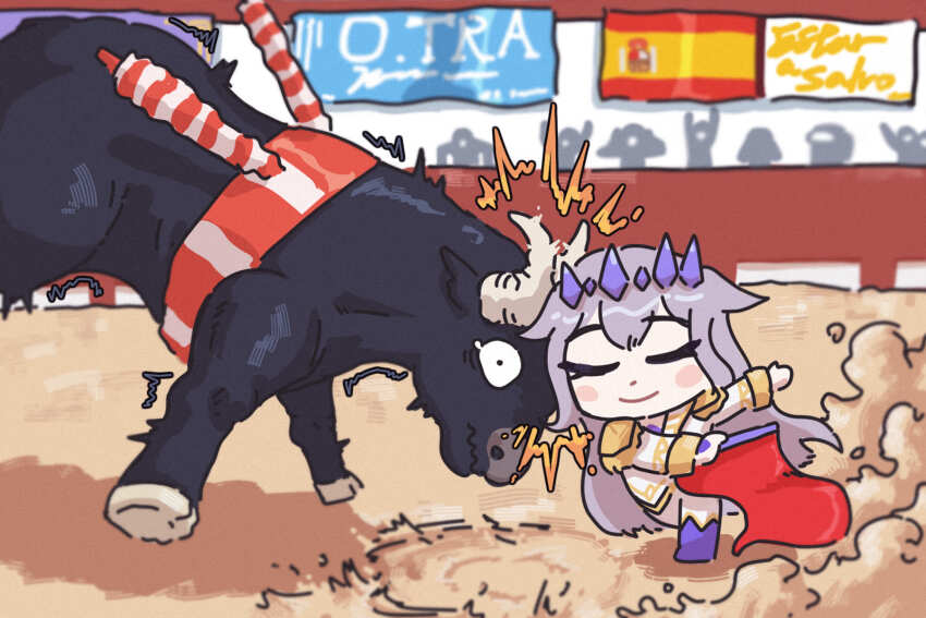 1girl 1other alternate_costume bing_huyue blush_stickers bull bullfighting chibi circlet closed_eyes commentary cow_horns dust english_commentary hand_jewel headbutt highres hololive hololive_english horns koseki_bijou long_hair matador muleta purple_footwear spain spanish_flag stick_figure virtual_youtuber