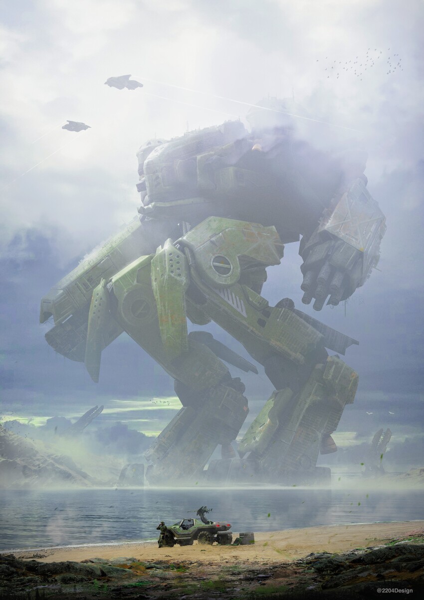 2204design absurdres aircraft autocannon cannon cloud cloudy_sky gatling_gun halo_(series) highres lake mecha military_jeep military_vehicle motor_vehicle no_humans robot scenery shore sky vehicle_request water