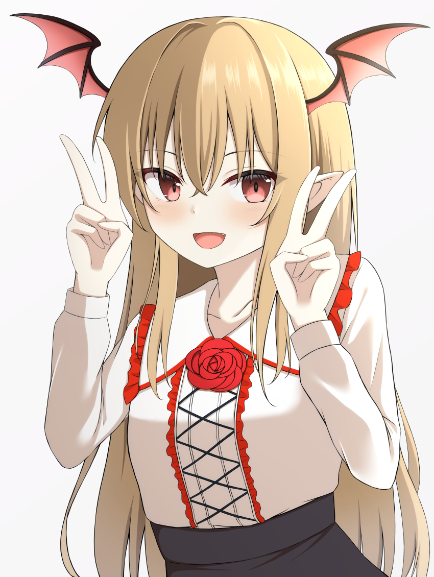 1girl :d absurdres bat_wings black_skirt blonde_hair blush center_frills collarbone collared_shirt commentary_request crossed_bangs double_v eyelashes fang flower frilled_shirt frilled_shirt_collar frills granblue_fantasy hair_between_eyes hands_up happy head_wings high-waist_skirt highres long_hair long_sleeves looking_at_viewer open_mouth pointy_ears red_eyes red_flower red_rose rose shirt simple_background skirt smile solo straight_hair szl upper_body v vampire vampy very_long_hair white_background white_shirt wings