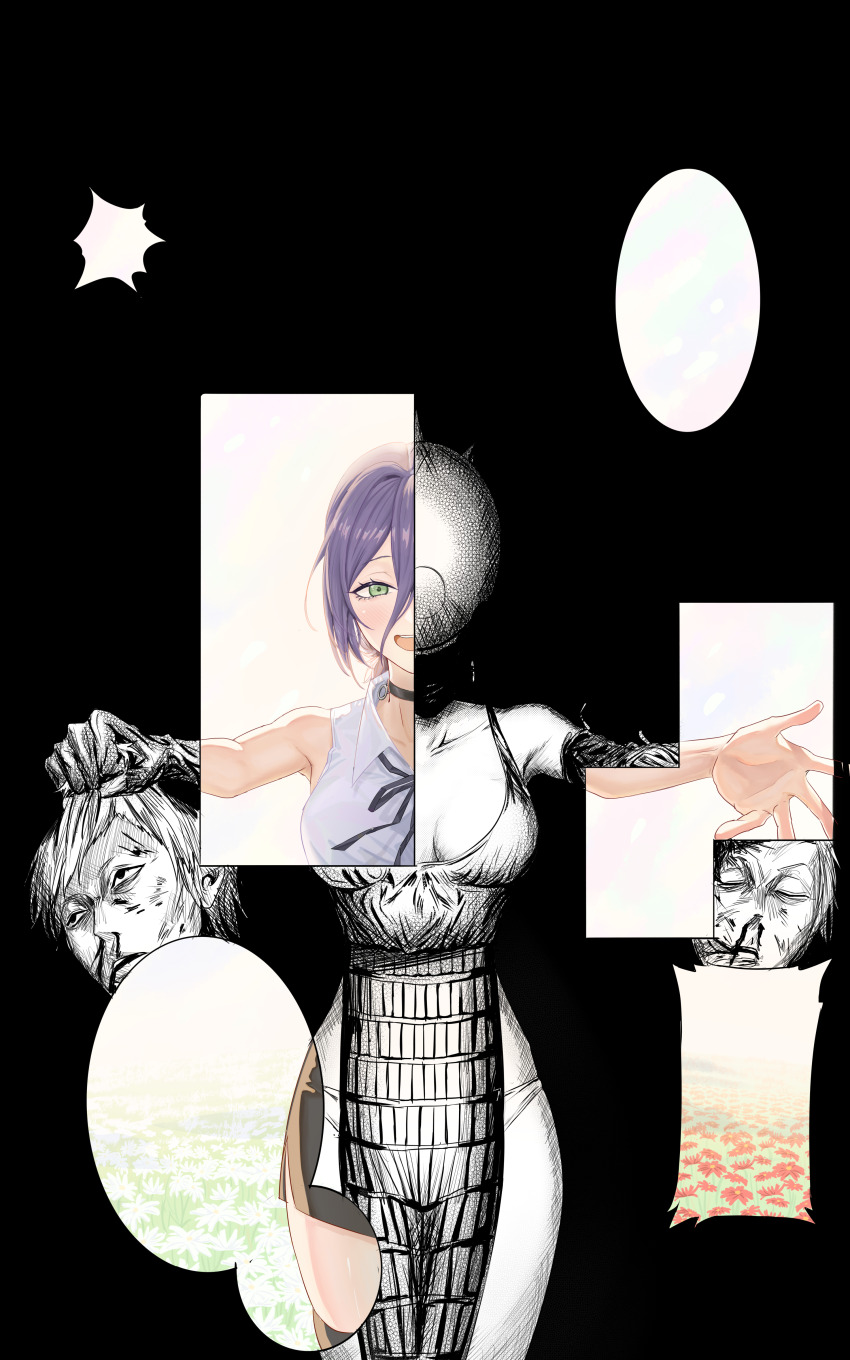 1girl 2boys absurdres apron beckoning black_choker blood bomb_devil_(chainsaw_man) breasts breasts_apart chainsaw_man choker commentary corpse division_2_lieutenant_(chainsaw_man) elbow_gloves explosive field flower flower_field gloves green_eyes grenade_pin hair_between_eyes highres holding_detached_head long_hair_between_eyes looking_at_viewer medium_breasts multiple_boys nomo_(chainsaw_man) nosebleed object_head panties purple_hair revealing_layer reze_(chainsaw_man) scene_reference severed_head underwear weasaker