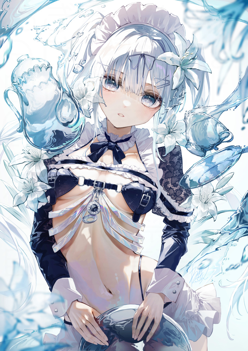 1girl =_hair_ornament absurdres black_bra black_panties blue_eyes bra breasts choker commentary_request cowboy_shot cross-shaped_pupils cup flower frilled_choker frilled_skirt frills grey_hair hair_flower hair_ornament hair_ribbon highleg highleg_panties highres holding holding_tray lace_sleeves long_hair long_sleeves looking_at_viewer maid_headdress medium_breasts microskirt navel negimapurinn original panties parted_lips revealing_clothes ribbon saucer skirt solo standing stomach symbol-shaped_pupils teacup teapot tray twintails underwear water_drop white_choker white_flower white_skirt x_hair_ornament