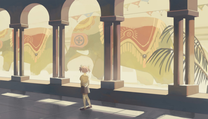 1girl animal_focus clea_(geee13) colonnade day elephant from_behind highres kaname_madoka looking_ahead mahou_shoujo_madoka_magica palm_leaf parade pennant pillar plant saddle school_uniform shade short_twintails smog standing sunlight twintails wide_shot